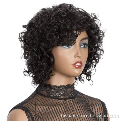 Wholesale Short Curly Human Hair Wigs For Black Women Brazilian Remy Full Wig With Bangs Curl Black Cosplay Wigs Nature Wave
